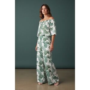 JOYSPLN Women's Tropical Leaf Print Off Shoulder Top Wide Leg Pants Set S